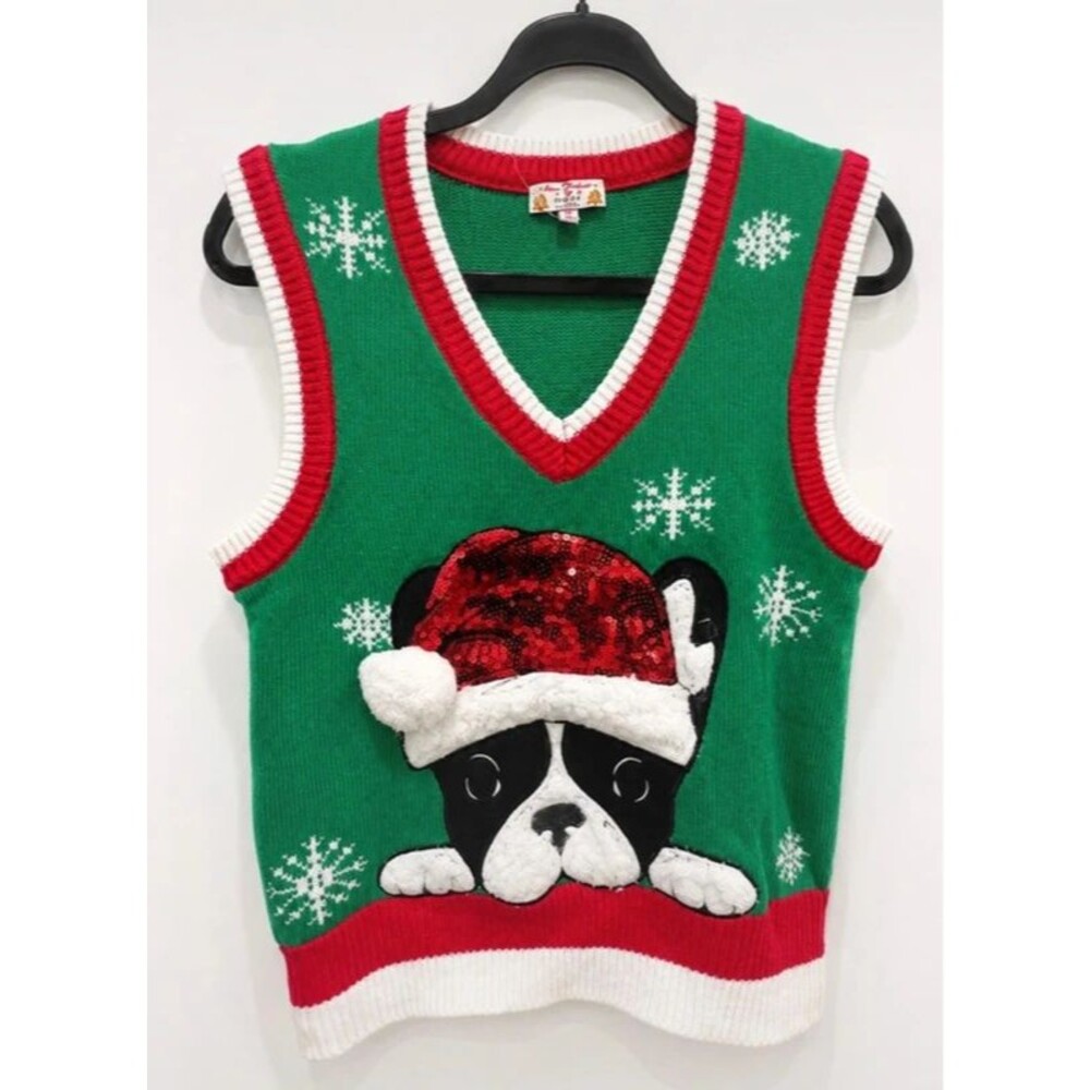 Merry Christmas by POOF French Bulldog Sequin Ugly Christmas Sweater Vest Small